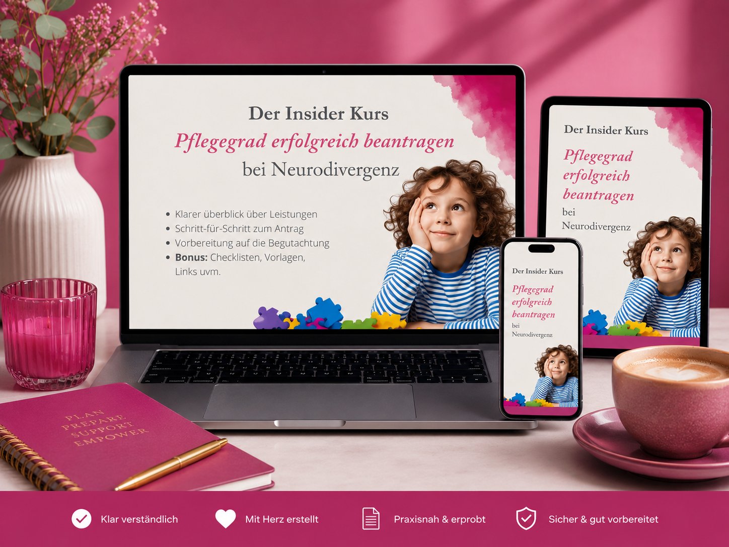 Der Insider Kurs: Pflegegrad erfolgreich beantragen bei Neurodivergenz, auf Laptop, Tablet und Smartphone